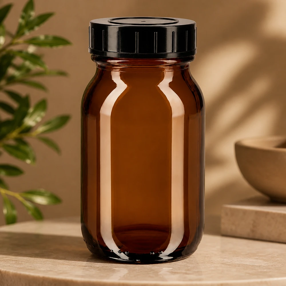 Bocal à col large en verre ambré 100 ml + couvercle à vis Flacon de pharmacie de 100 ml en verre brun anti-UV avec bouchon noir étanche