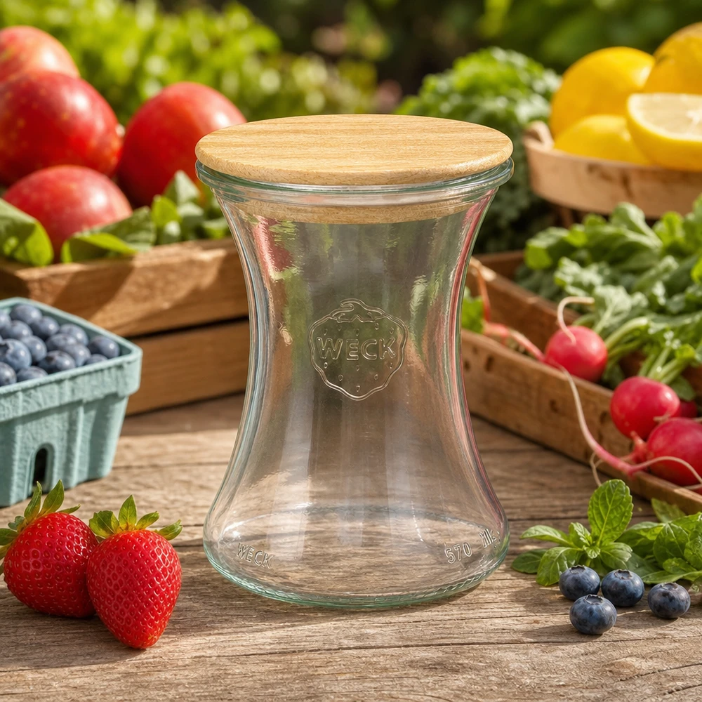 WECK Pot d'épicerie fine 370ml RR80 avec couvercle en bois sur table en bois entre fraises fraîches myrtilles et légumes