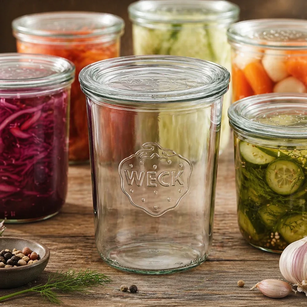 Bocal en verre de 850 ml avec couvercle en verre WECK RR100 WECK Sturzglas 850ml RR100 mit eingelegtem Gemüse und Gewürzen zeigt Einmachen und Fermentieren im Haushalt