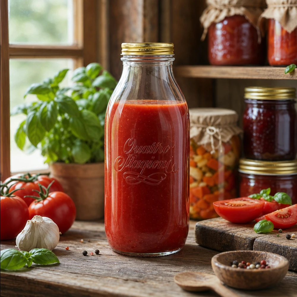 Quattro Stagioni 1000ml Bouteille en verre remplie de sauce tomate dans une cuisine rustique avec des tomates fraîches et des herbes aromatiques