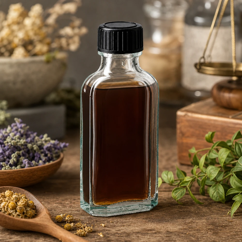 Flasque transparente de 50 ml au goulot DIN 22, avec bouchon à vis DIN 22 noir et joint LKD Flacon en verre rectangulaire transparent de 50 ml, muni d'un disque d'étanchéité LKD, contenant des herbes médicinales séchées