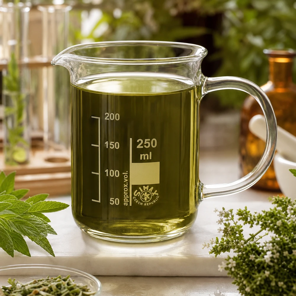 Verre à bec de 250 ml muni d'une anse, rempli d'extrait d'herbes vertes et accompagné d'herbes médicinales fraîches