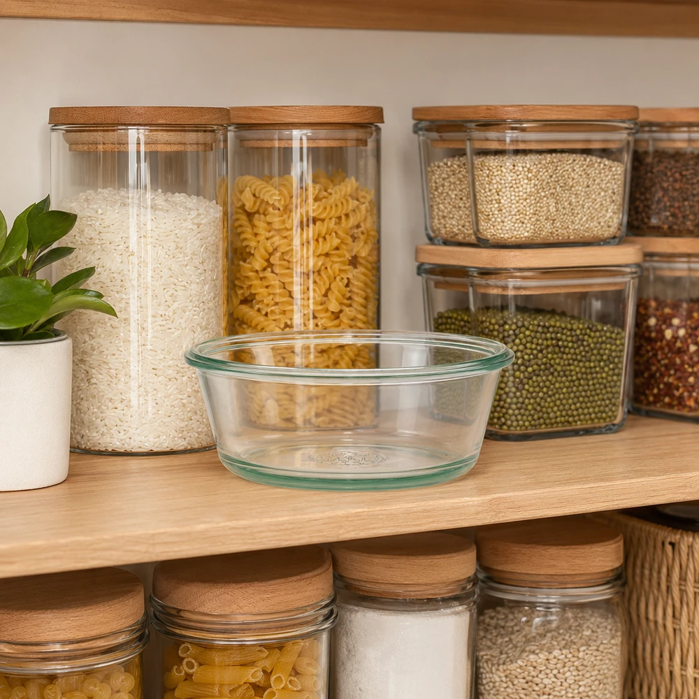 Bocal en verre gourmet WECK RR120 de 300 ml WECK Verre à gourmet 300ml RR120 dans une scène organisée d'armoire à provisions avec des bocaux à provisions et des épices montre un rangement pratique.