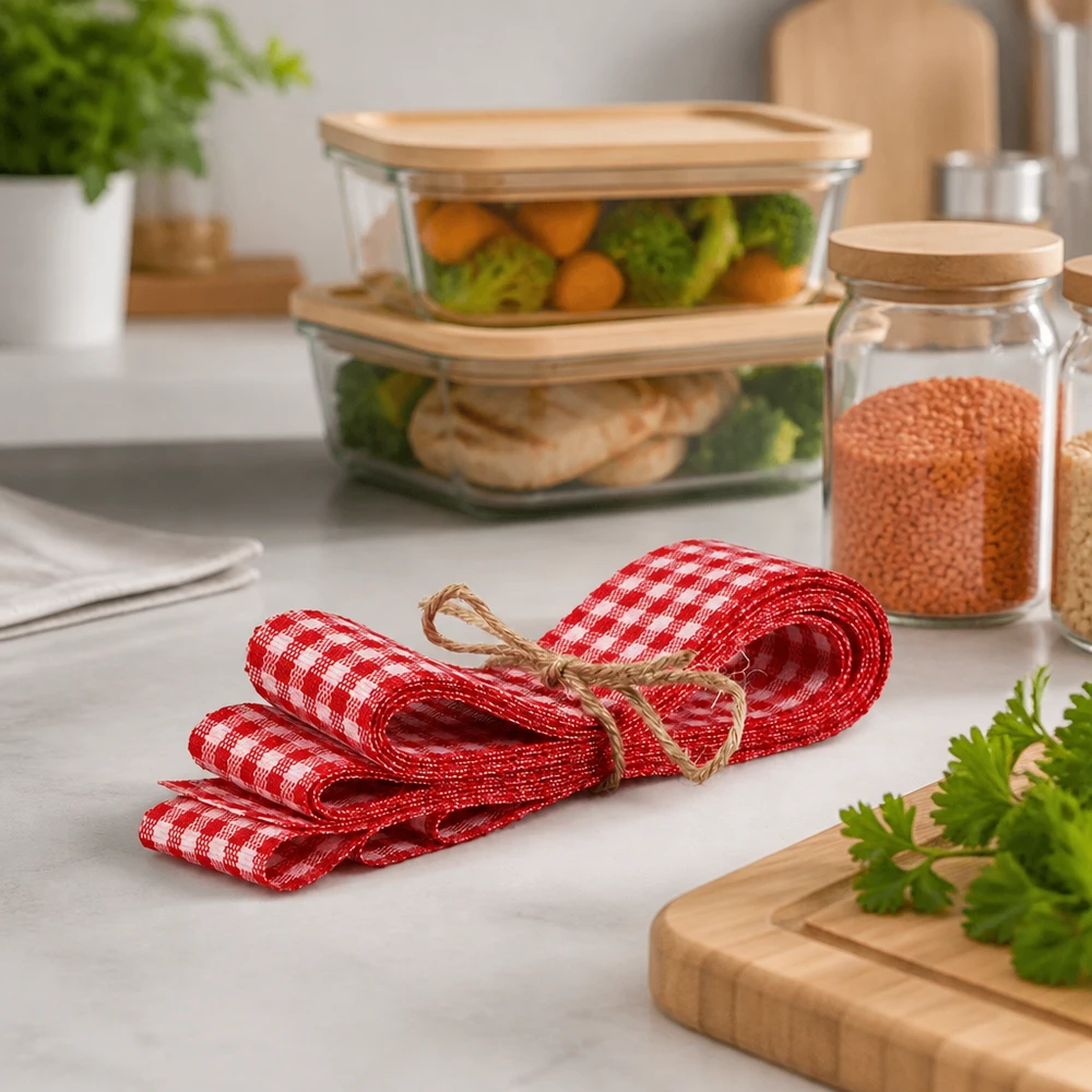 Bande de tissu à carreaux rouge et blanc de 300 cm avec de la ficelle de jute attachée à côté de boîtes à provisions et d'herbes fraîches sur le plan de travail