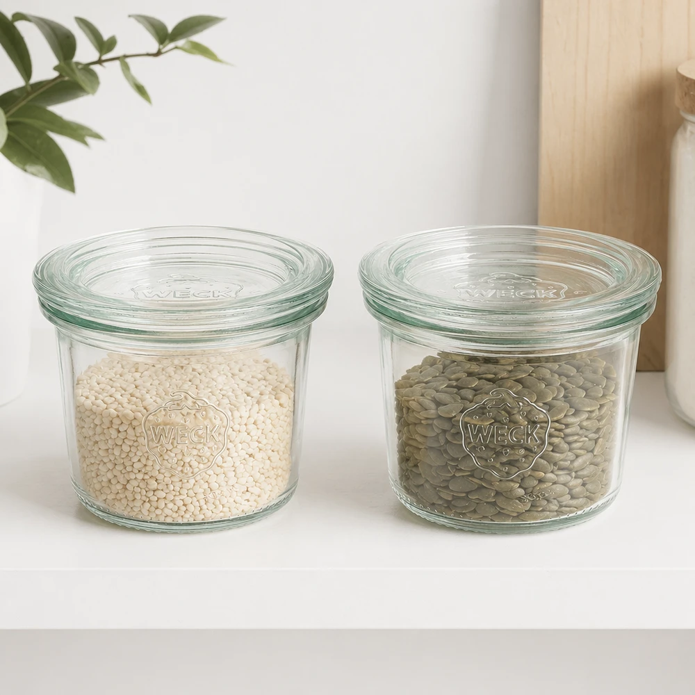 Bocal en verre de 80 ml avec couvercle en verre WECK RR60 WECK Pot renversé 80ml RR60 rempli de lentilles et de riz montre une conservation pratique des légumineuses et des céréales