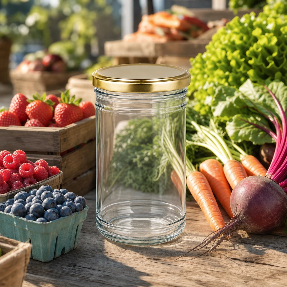 1053ml Verre conique avec couvercle BasicSeal or UNiTWIST Pot à liqueur vide de 1053ml avec couvercle doré sur marché fermier parmi des légumes frais et des baies à mettre en conserve