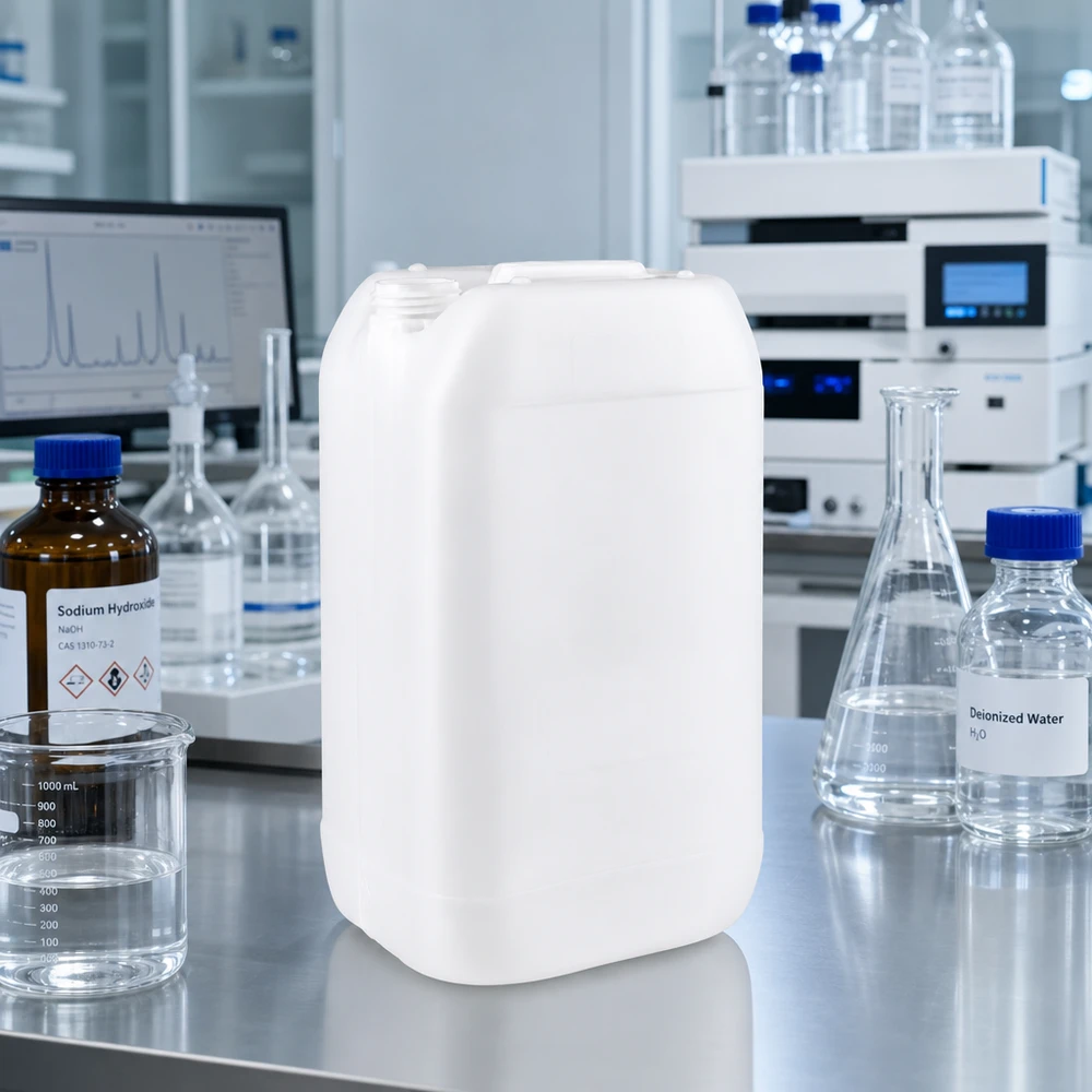 Jerrican de 15 litres sans bouchon Bidon blanc vide de 15 litres, sans bouchon, posé sur un plan de travail en acier inoxydable dans un laboratoire de chimie