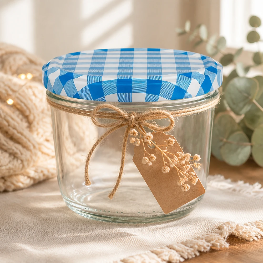 230ml Verre conique avec couvercle BasicSeal bleu/blanc UNiTWIST Verre renversé de 230 ml avec couvercle BasicSeal bleu et blanc, décoré d'une corde de jute et d'un pendentif en papier kraft pour un emballage cadeau.