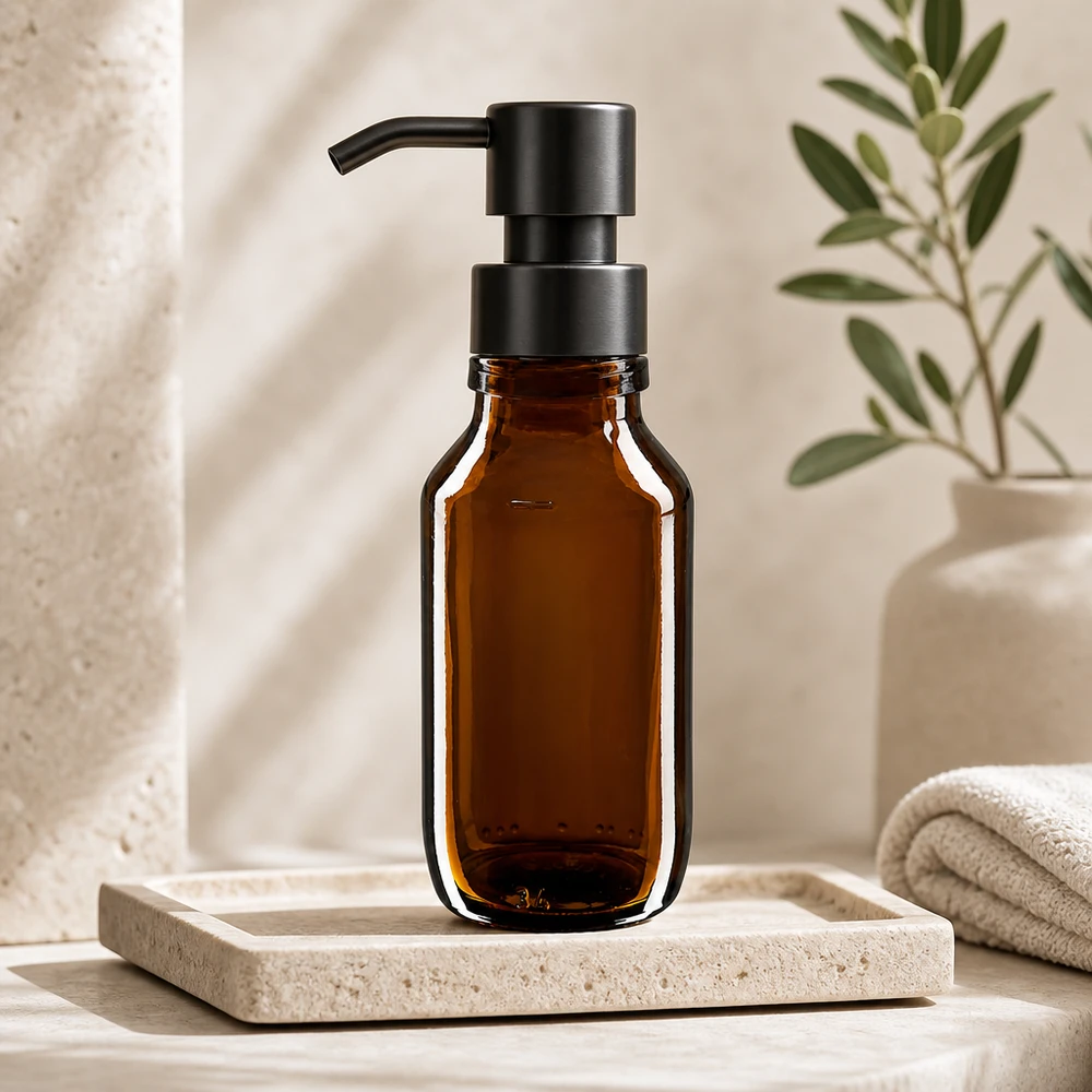 Flacon médical 50 ml couleur ambrée, PP 28 Flacon en verre brun 50ml avec distributeur à pompe noir pour cosmétiques et soins de la peau ApoGlas PP28