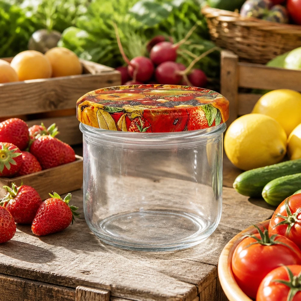260ml Verre conique avec couvercle BasicSeal décor fruits UNiTWIST Verre renversé vide de 260 ml avec décor de fruits Couvercle entouré de légumes et de fruits frais sur table en bois