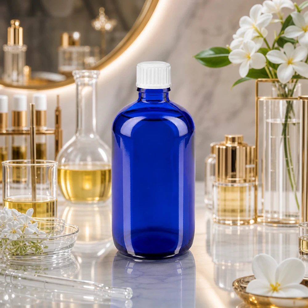 Flacon de pharmacie de 100 ml, bleu cobalt, avec bouchon standard blanc, dans un décor de laboratoire