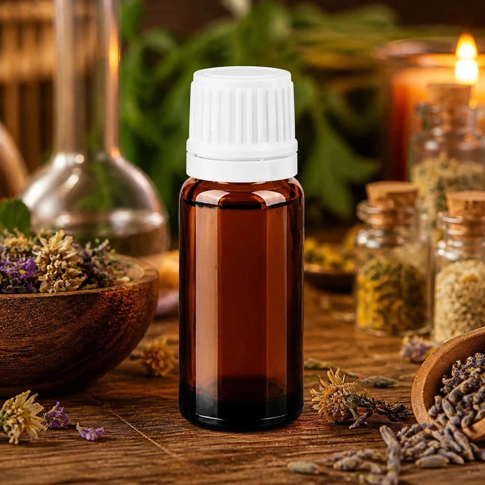 Flacon de pharmacie brun 10ml bouchon compte-gouttes 1.2mm blanc bouchon d'inviolabilité Flacon opacifiante de 10 ml, marron, avec bouchon OV blanc, pour huiles et essences sensibles aux UV