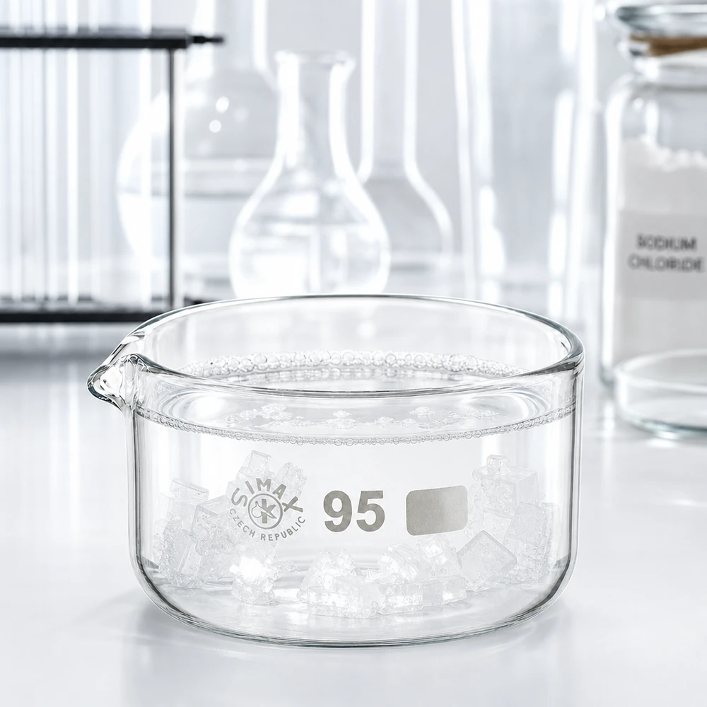 Coupelle de cristallisation 300 ml avec bec verseur Coupelle plate en verre de 300 ml remplie de cristaux de sel, utilisée en laboratoire, diamètre 95 mm