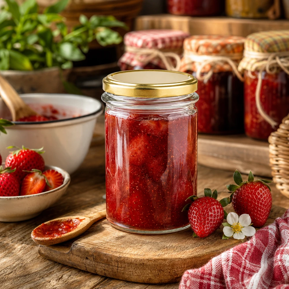 Verre renversé de 230 ml avec couvercle doré BasicSeal UNiTWIST rempli de confiture de fraises à côté de fraises fraîches