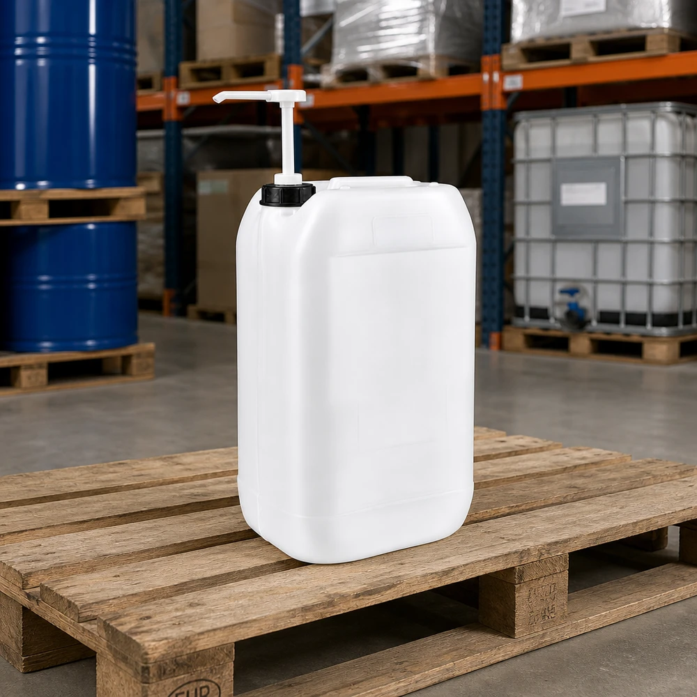 Bidon de 15 litres muni d'une pompe doseuse, posé sur une palette en bois dans un entrepôt, entre des fûts industriels