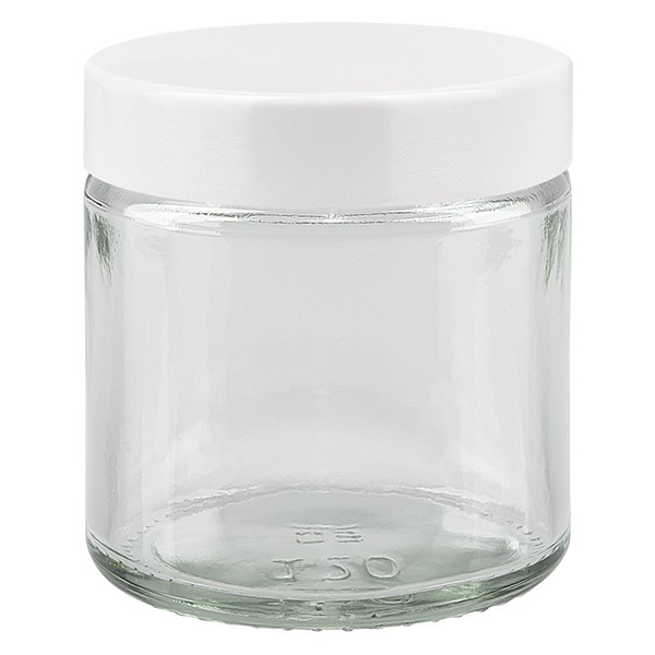 Creuset en verre 120ml transaprent avec couvercle en bakélite blanc Creuset en verre 120ml transaprent avec couvercle en bakélite blanc