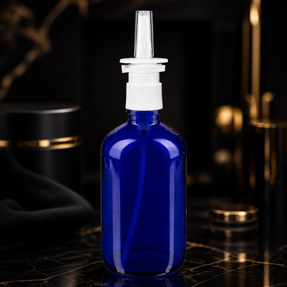 Flacon de spray nasal de 100 ml en verre bleu, muni d'une pompe doseuse blanche et d'une buse en plastique transparent