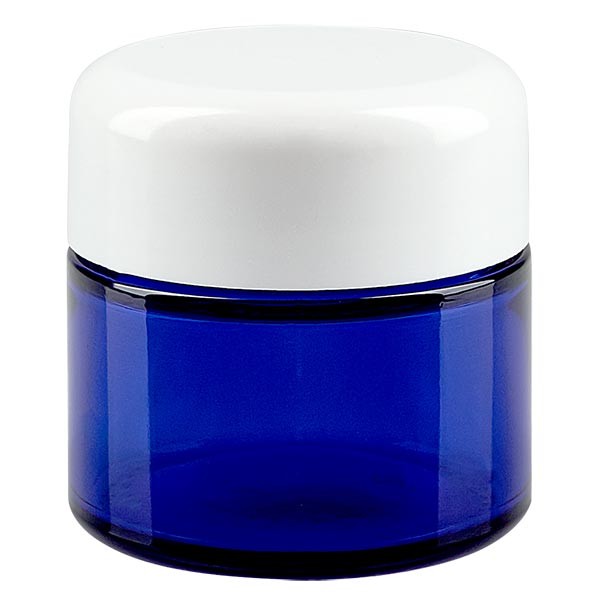 Pot en verre 50ml bleu royal, avec couvercle blanc Pot en verre 50ml bleu royal, avec couvercle blanc