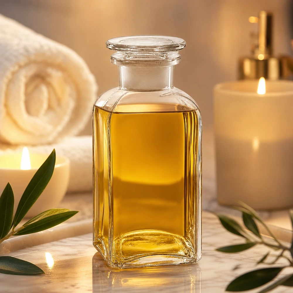 Flacon carré col large 350 ml + bouchon RIN, verre clair Bouteille carrée transparente de 350 ml avec bouchon en verre, remplie d'huile dorée, dans une ambiance spa