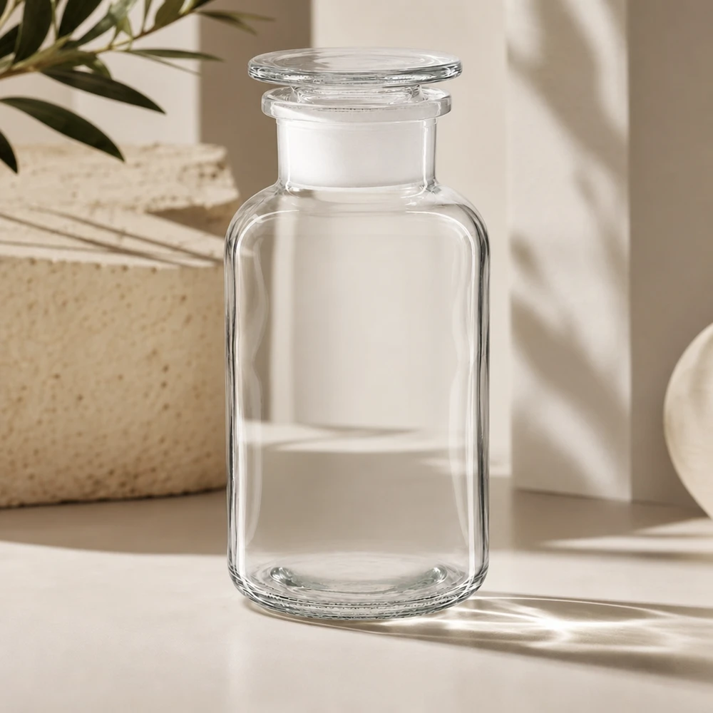 Flacon à col large en verre borosilicaté de 500 ml avec bouchon en verre taillé, fermable hermétiquement