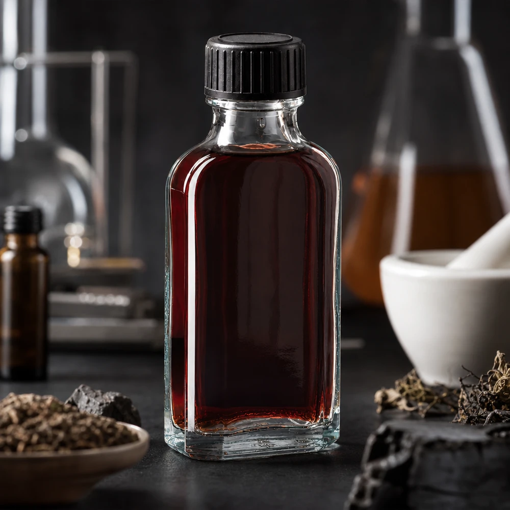 Flacon en verre Meplat transparent de 50 ml, contenant un liquide rouge et muni d'un joint d'étanchéité en EPE, utilisé en milieu de laboratoire