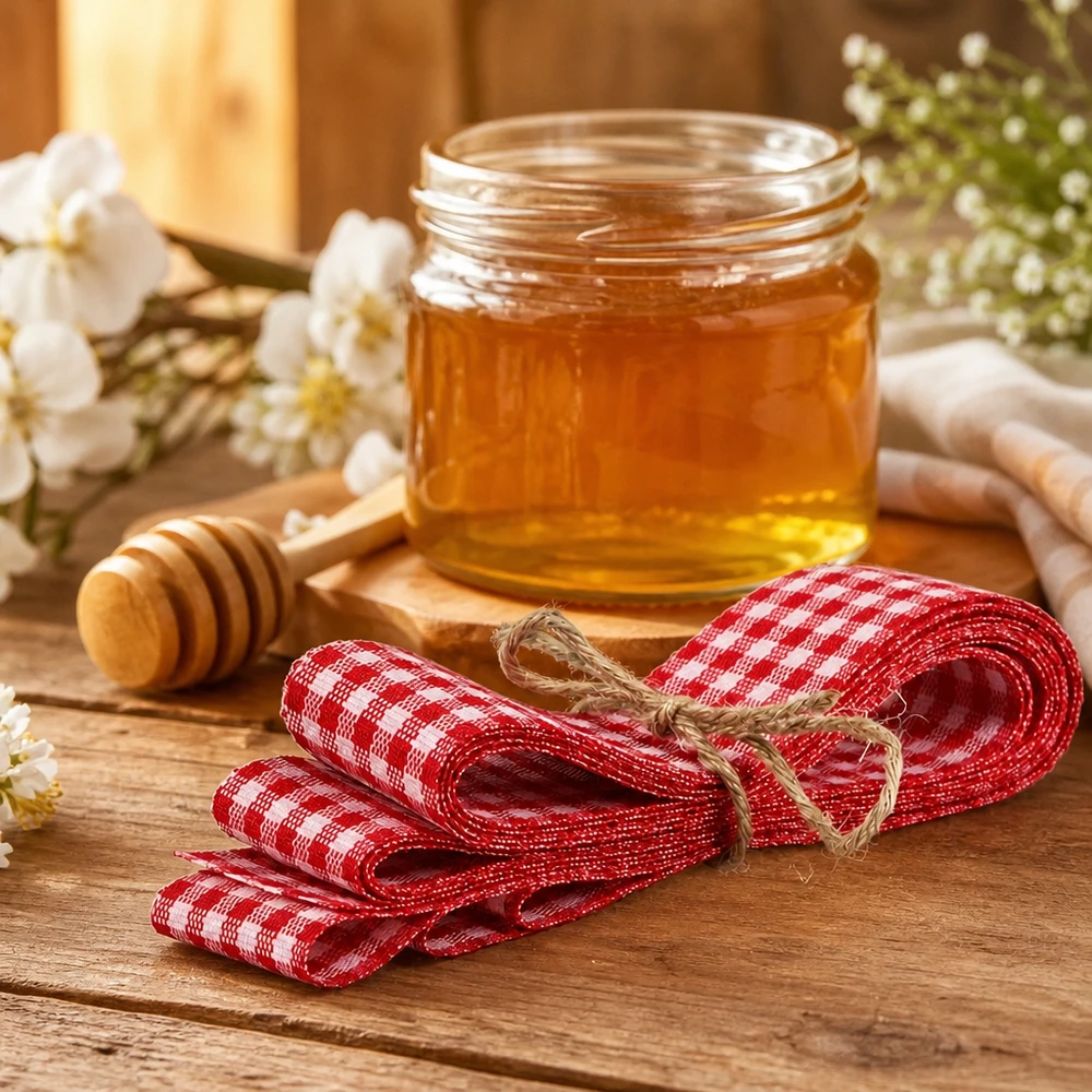 Ruban en tissu rouge et blanc pour la décoration, 300 cm Bande de tissu à carreaux rouge et blanc 300cm avec corde de jute sur table en bois à côté d'un pot de miel et d'une cuillère en bois dans une cuisine chaude
