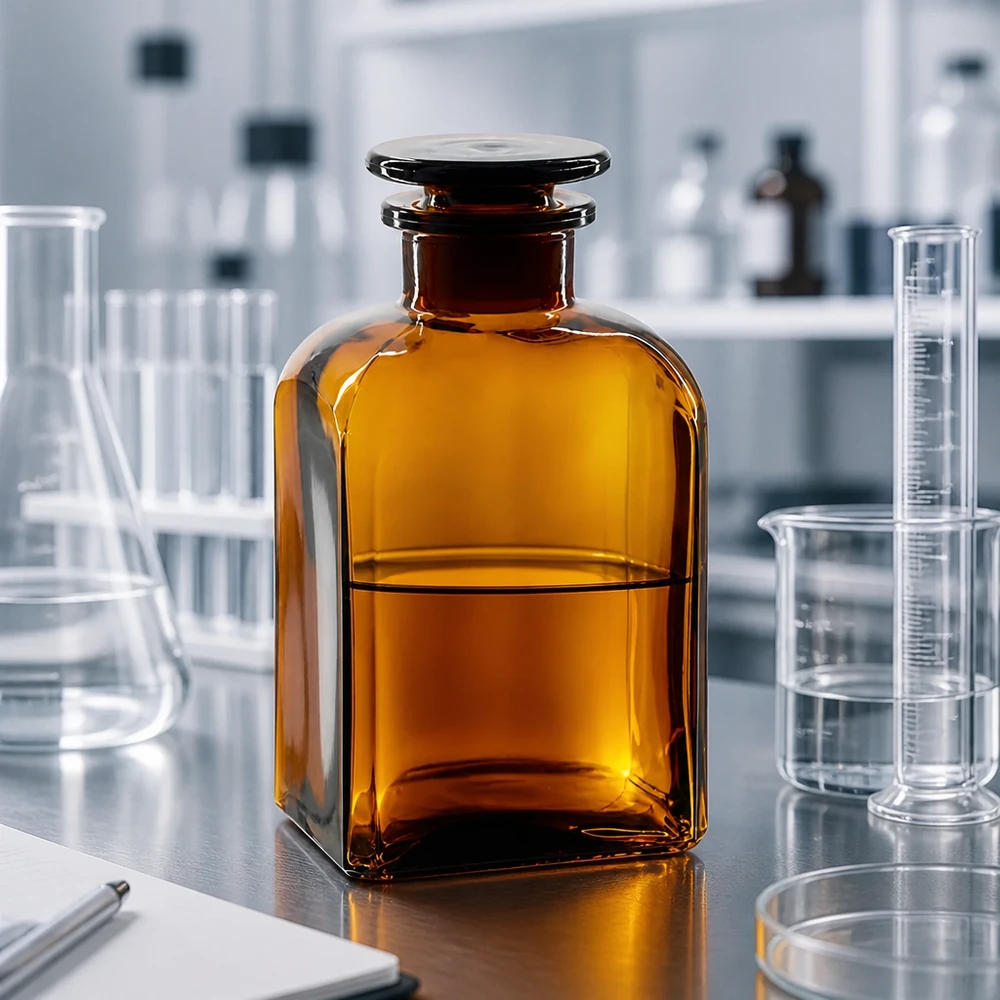 Flacon de laboratoire à col large, 500 ml, brun, de forme carrée, muni d'un bouchon en verre, entouré d'instruments de laboratoire