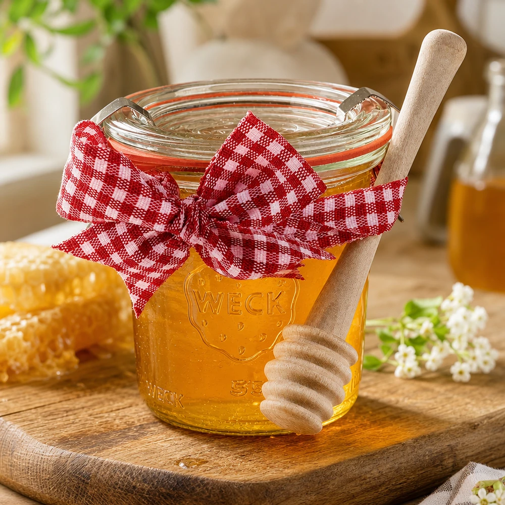 Mini bocal conique WECK 140 ml complet avec cuillère à miel et nud WECK Mini pot 140ml rempli de miel Vichy rouge noeud en bois cuillère à miel nid d'abeille style campagnard