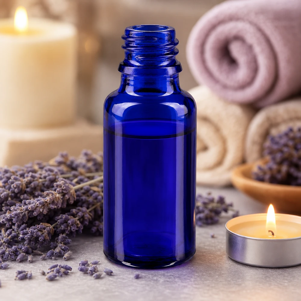 Bouteille en verre pratique de 20 ml de qualité pharmaceutique bleue pour les cosmétiques et les remèdes naturels