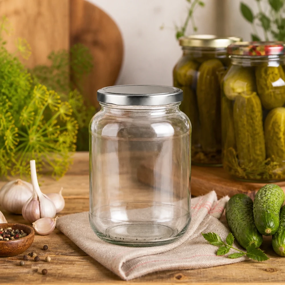 370ml Ovalglas mit BasicSeal Deckel neben eingelegten Gurken und Dill - ideal zum Einkochen und Konservieren