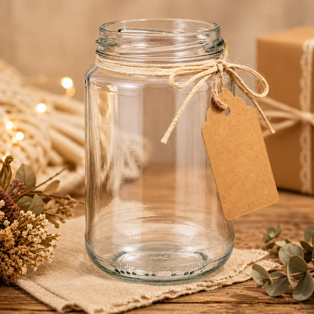 UNiTWIST Runda375 Verre rond 375ml TO63 avec pendentif en papier kraft comme emballage cadeau dans une scène décorative rustique