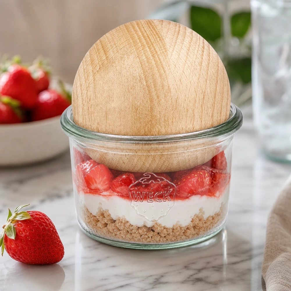 200ml bocal conique WECK RR80 avec boule en bois en hêtre WECK Verre renversé 200ml RR80 avec boule en hêtre comme verre à dessert pour dessert stratifié aux fraises sur table en marbre