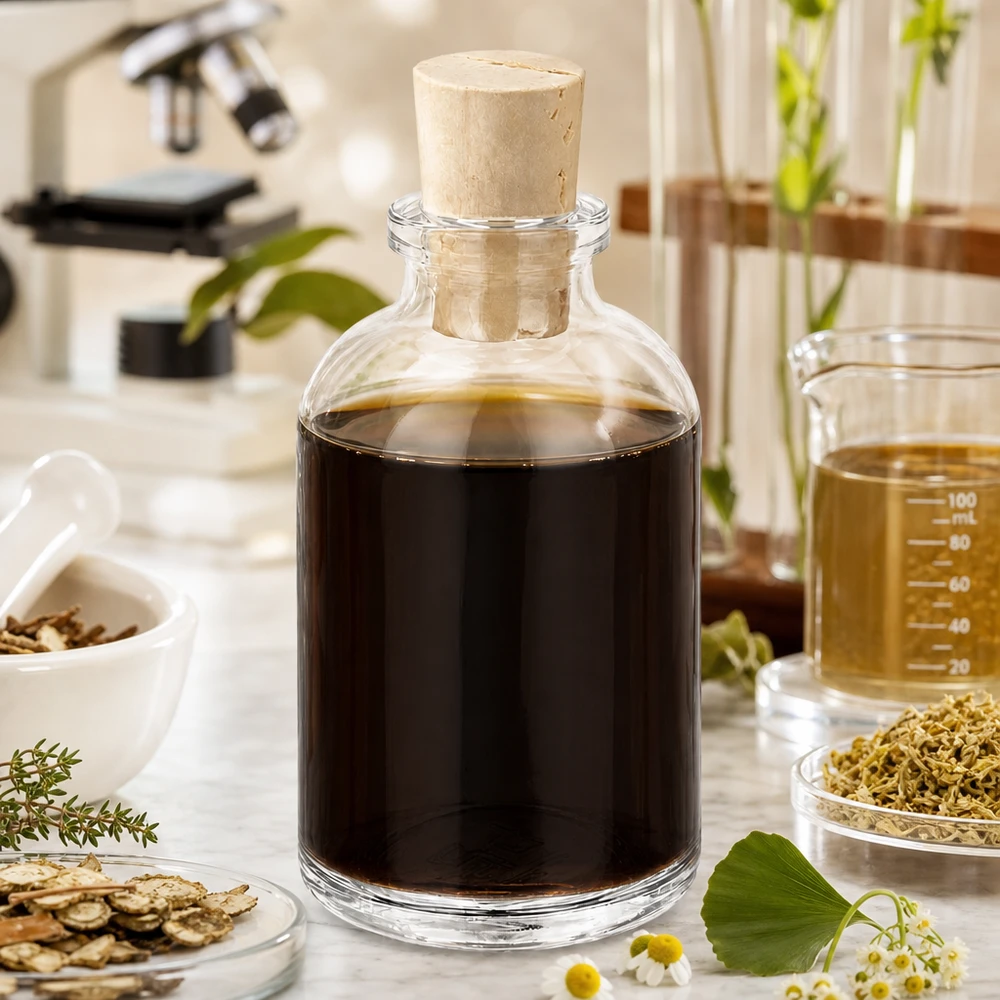 Apothekerflasche Klarglas 50ml Korken 11/14mm mit schwarzem Kräuterextrakt befüllt
