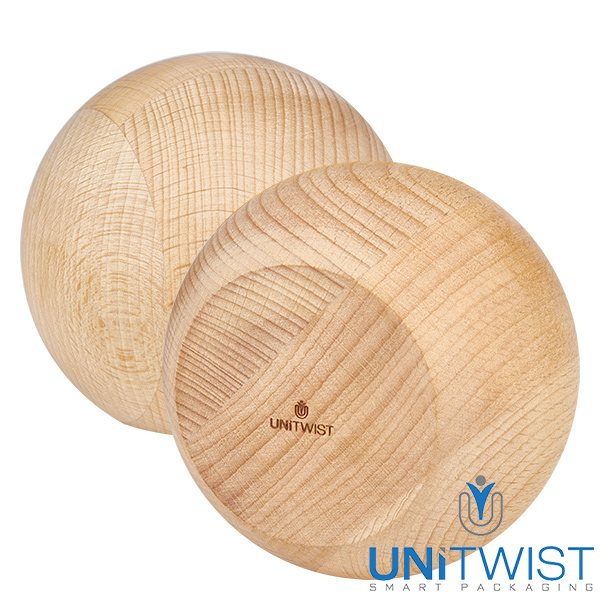 Sphère en bois de hêtre Couvercle pour bocal WECK RR100 1062ml - Détail du grain de bois naturel et logo UNITWIST