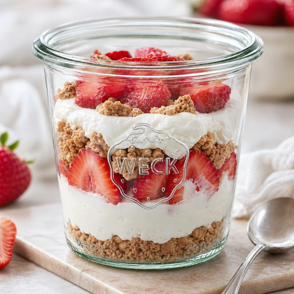 Bocal en verre de 290 ml, haut, WECK RR80 WECK 290ml pot renversé RR80 avec fraises dessert couche yaourt biscuits rempli pot haut