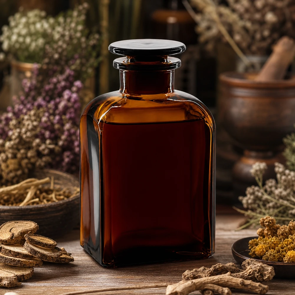 Flacon carré col large 500 ml + bouchon RIN, verre ambré Flacon de laboratoire brun de 500 ml à col large, muni d'un bouchon plat en verre et entouré d'herbes médicinales séchées