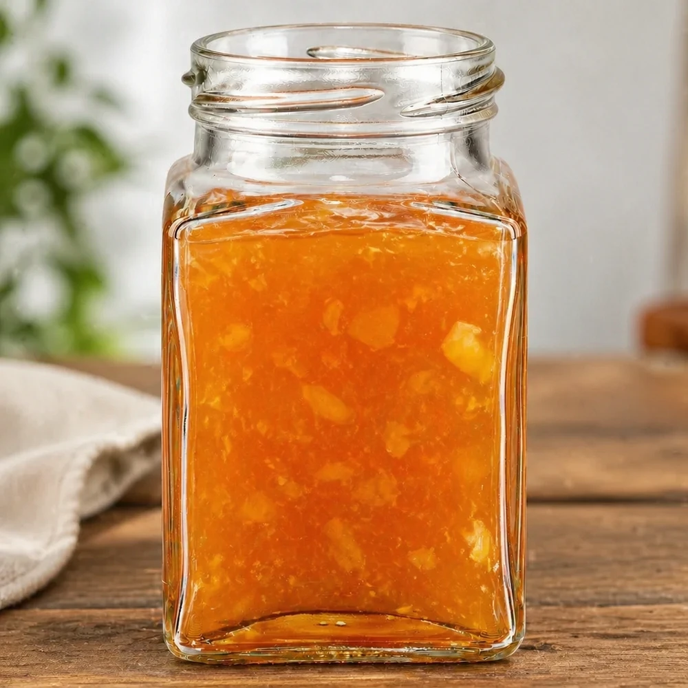 UNiTWIST Tetra260 pot 4 coins 260ml TO58 avec contenu orange sur table en bois pot à confiture carré