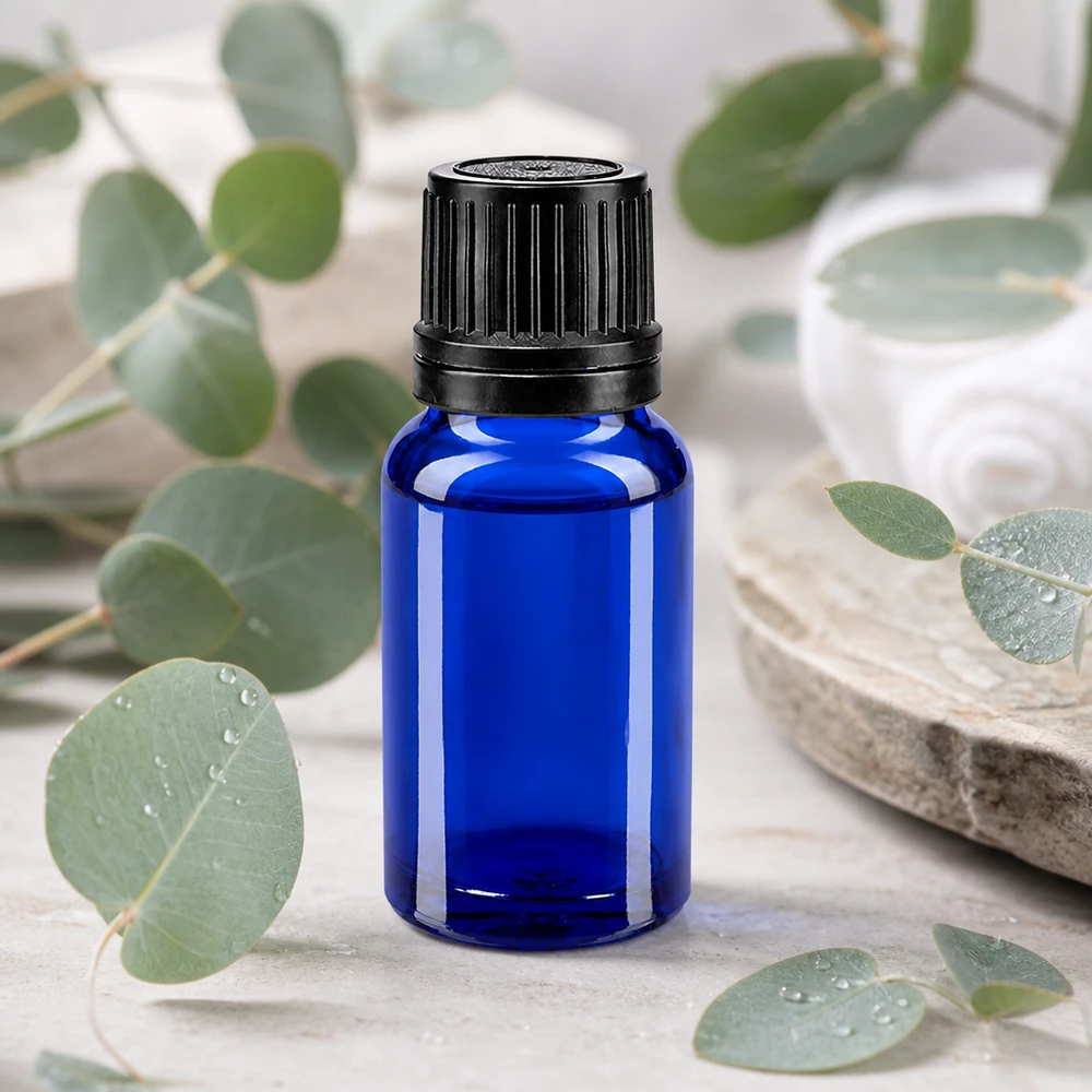 Flacon bleu cobalt de 10 ml avec bouchon à vis noir et compte-gouttes de 1 mm pour huiles essentielles