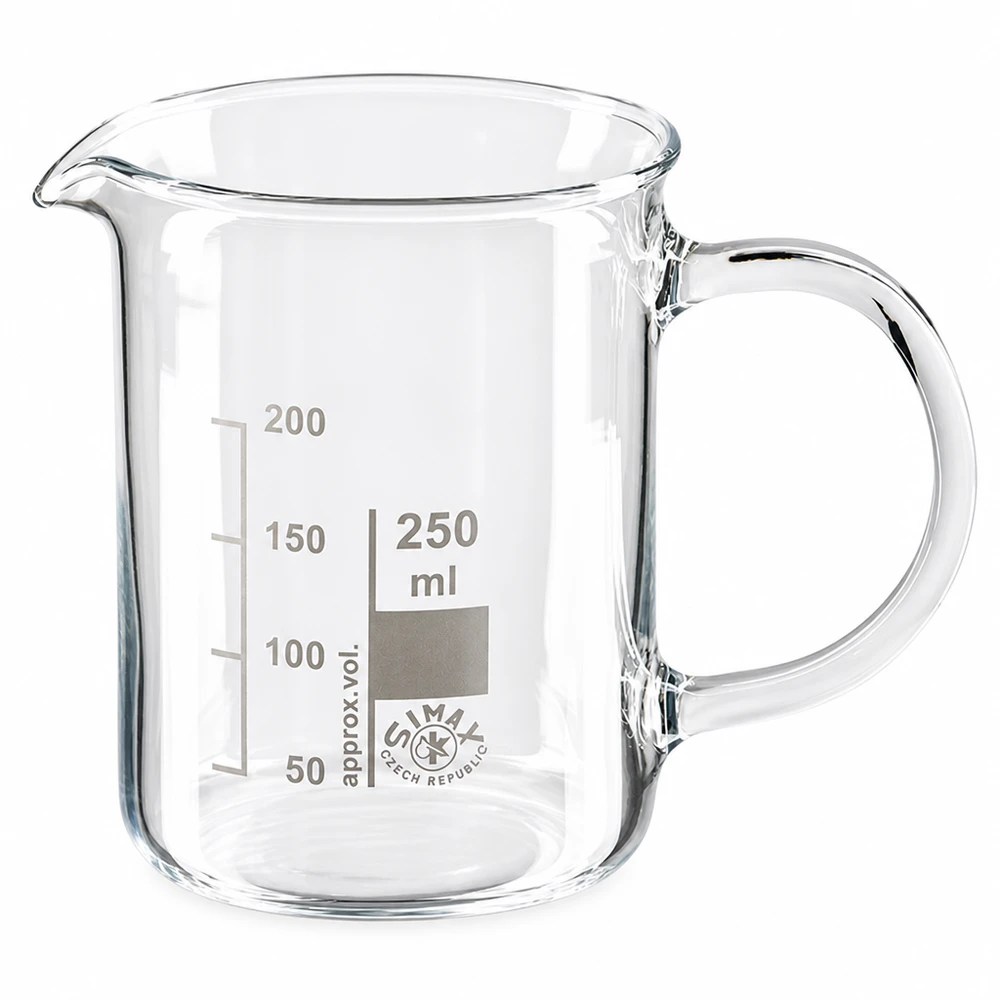 Bécher de 250 ml en verre borosilicaté, muni d'une anse et d'une graduation en millilitres sur fond blanc