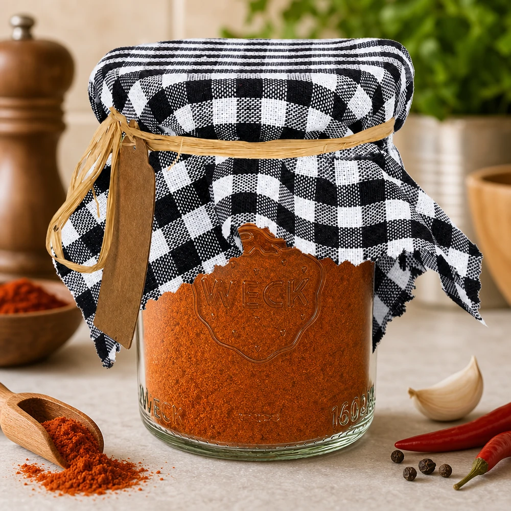 Couvercle à carreaux noirs et blancs avec épices au paprika dans un bocal Décoration de cuisine avec chili et ail 15cm carré