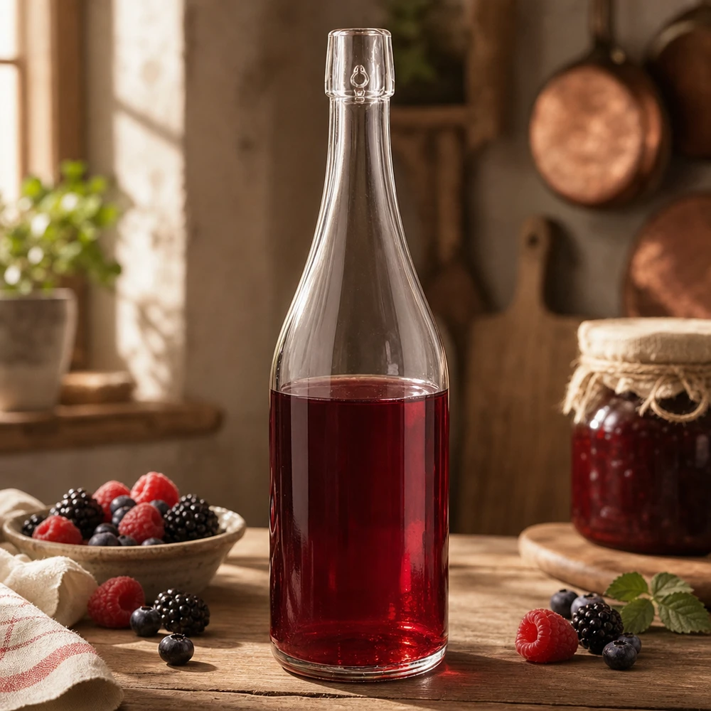 Bouteille en verre de 750 ml sans bouchon mécanique UNiTWIST 750ml UNiTWIST Bouteille en verre remplie de jus de baies cuisine rustique myrtilles framboises mûres application