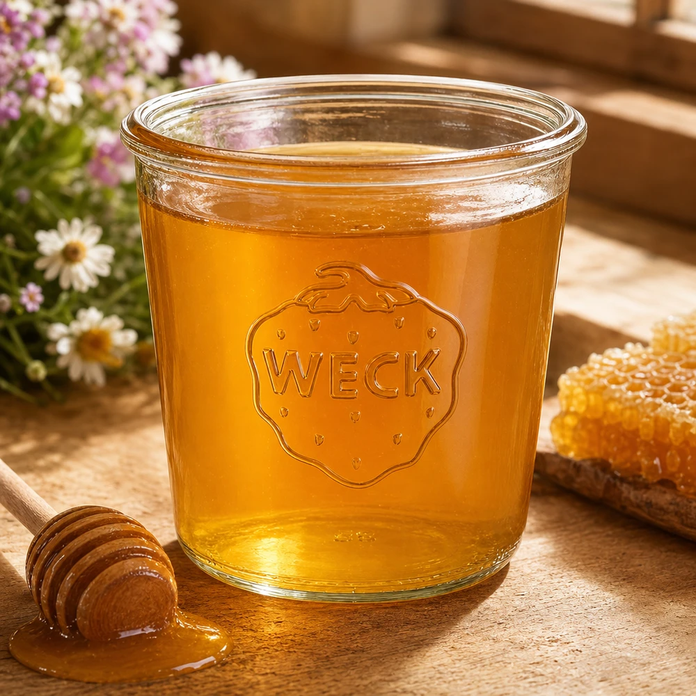 580ml bocal conique WECK RR100 Weck Pot renversé 580ml RR100 rempli de miel sur table en bois avec cuillère à miel et nid d'abeille Pot de conservation