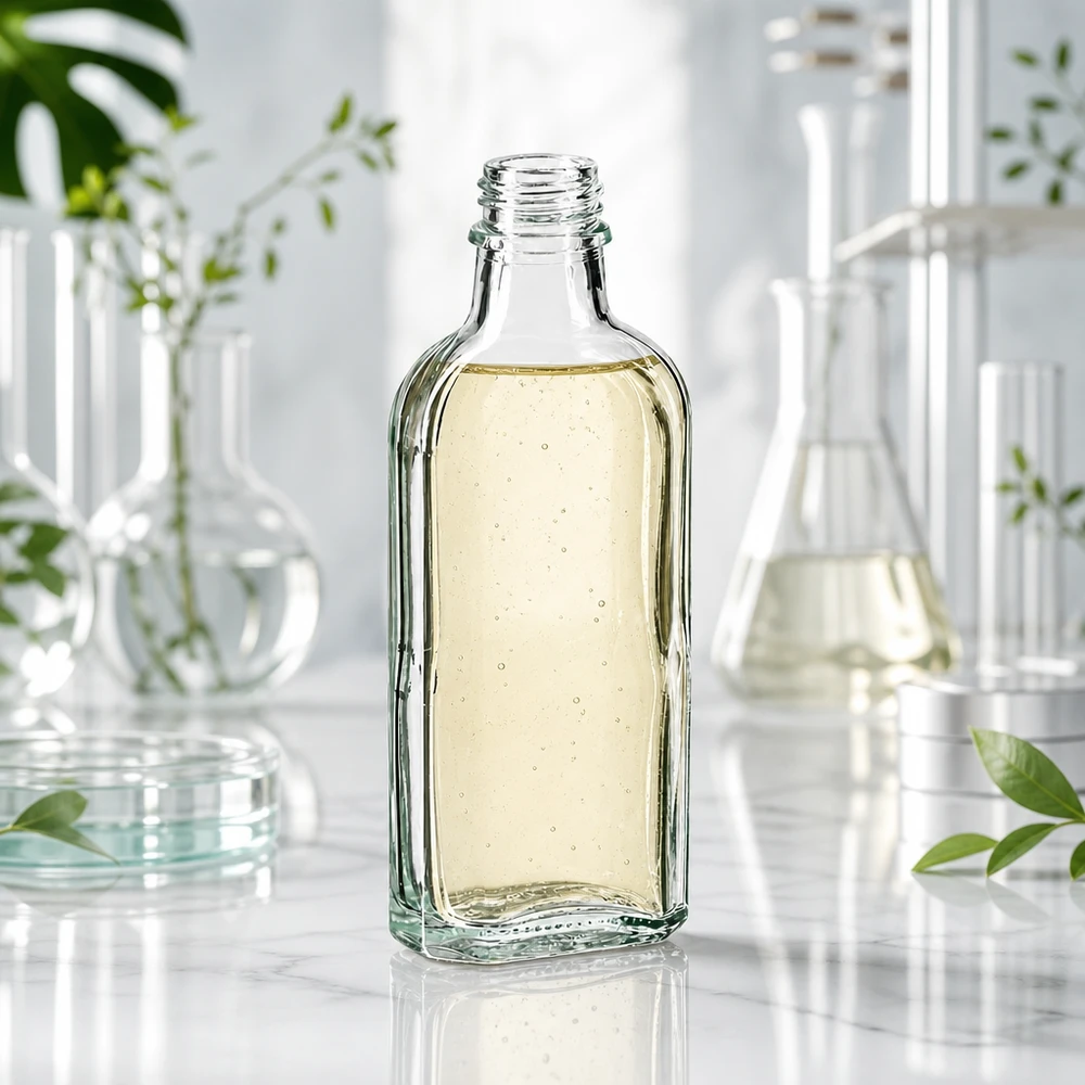 Flasque transparente de 100 ml au goulot DIN 22 Flacon Meplat de 100 ml rempli d'un liquide clair tirant vers le jaune, muni d'un filetage DIN 22, destiné à un usage en laboratoire