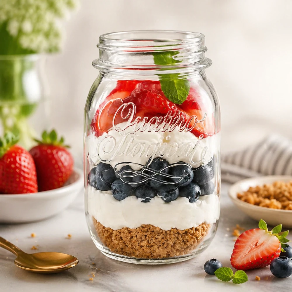 Verrine Quattro Stagioni de 500 ml remplie d'un dessert stratifié à base de biscuits, de yaourt, de myrtilles et de fraises