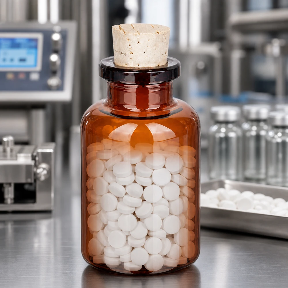 Kompakte Braunglasflasche mit Naturkorken 11/14mm zur Tablettenlagerung im Labor