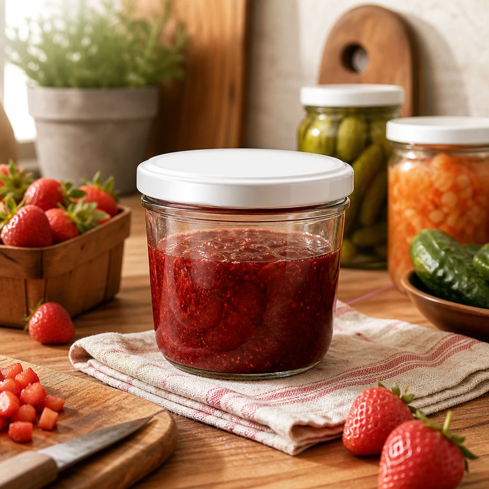 Pot renversé de 230 ml avec confiture de fraises dans une cuisine confortable - pot idéal pour les confitures maison