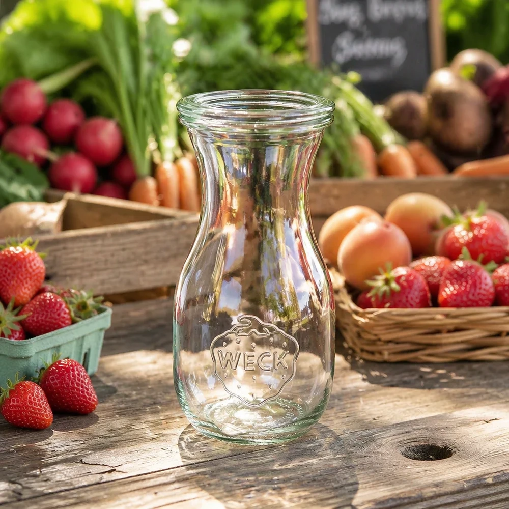WECK Bouteille de jus 290ml RR60 transparente sur une table rustique en bois entre des fraises fraîches, des radis et des légumes