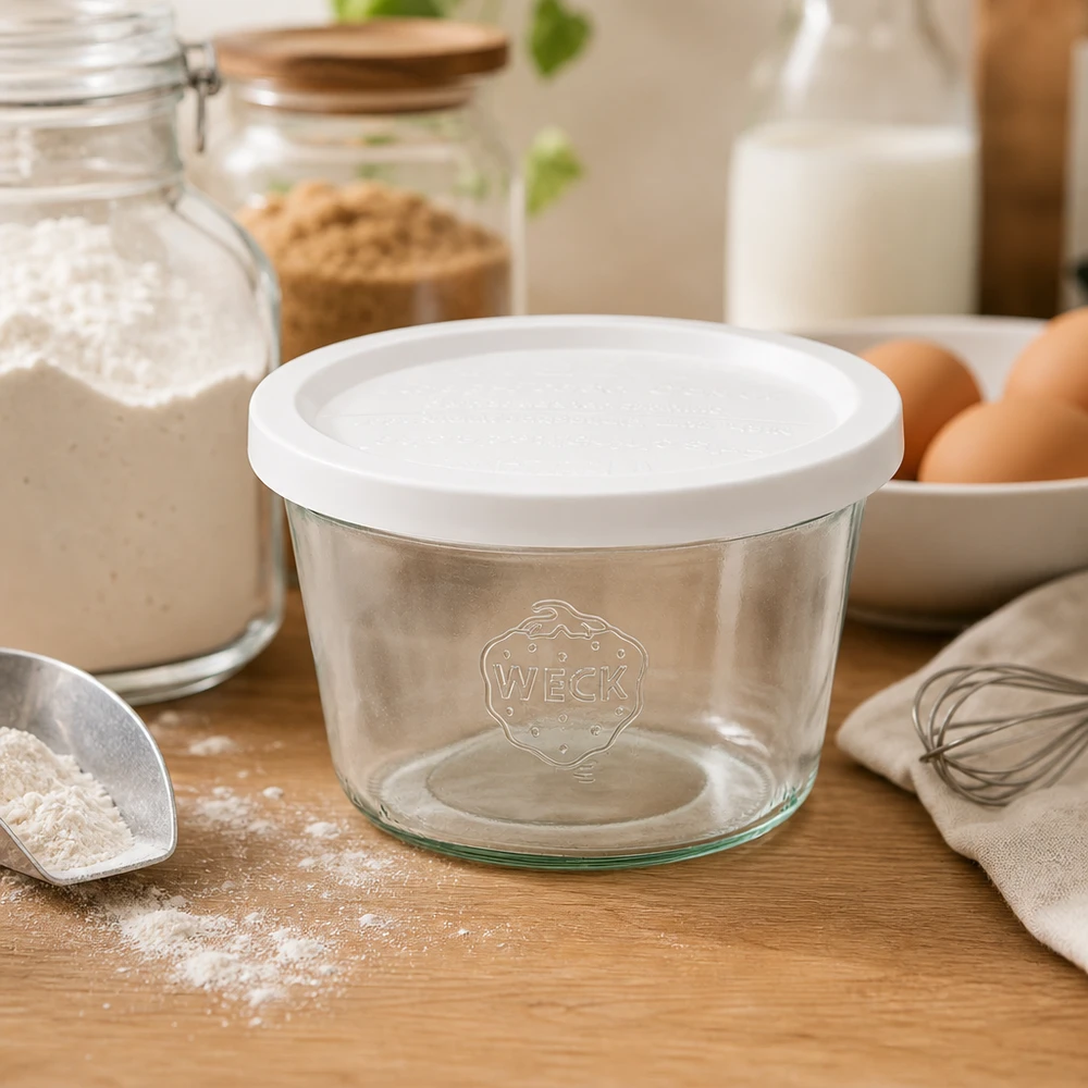 Bocal en verre de 370 ml avec couvercle hermétique WECK RR100 WECK Bocal 370ml RR100 avec couvercle fraîcheur dans la cuisine entre la farine, les œufs, le lait et les ustensiles de cuisine.