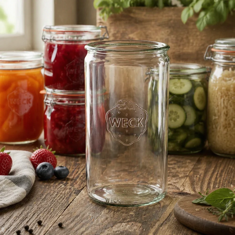 WECK RR100 Pot cylindrique 1590ml transparent sur une table en bois avec des pots de confiture et des conserves en arrière-plan