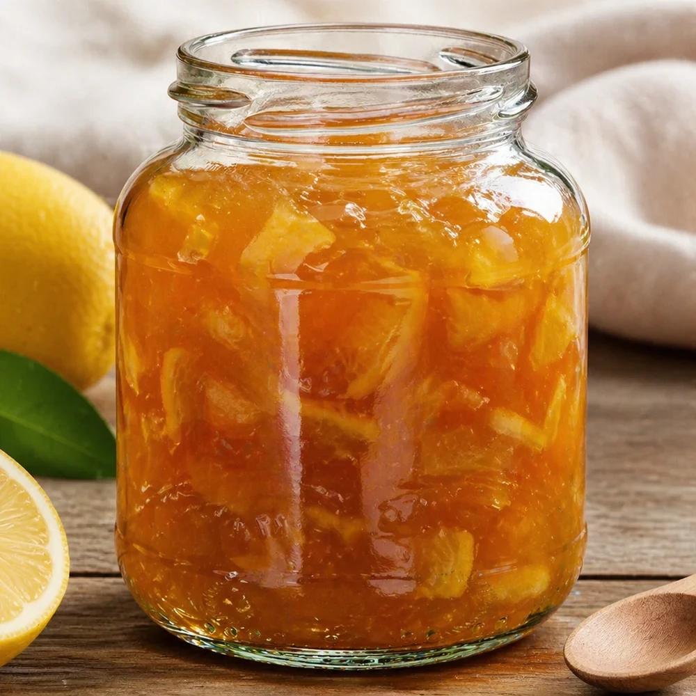 UNiTWIST Oval370 Pot de confiture 370ml rempli de confiture d'orange à côté de citron sur fond en bois